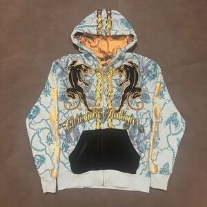 Vintage Christian Audigier Hoodie Mens‎ M Blue Panther Skull Grunge Y2K Gems